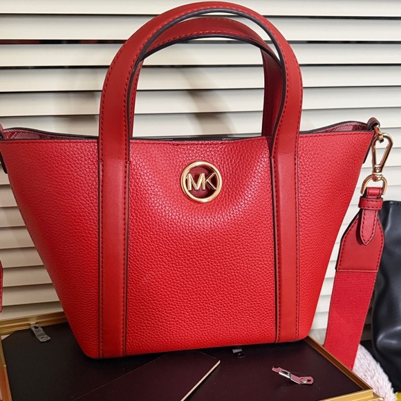 Michael Kors Handbags - Michael Kors Red Pebbled Leather Tote with Gold MK Emblem